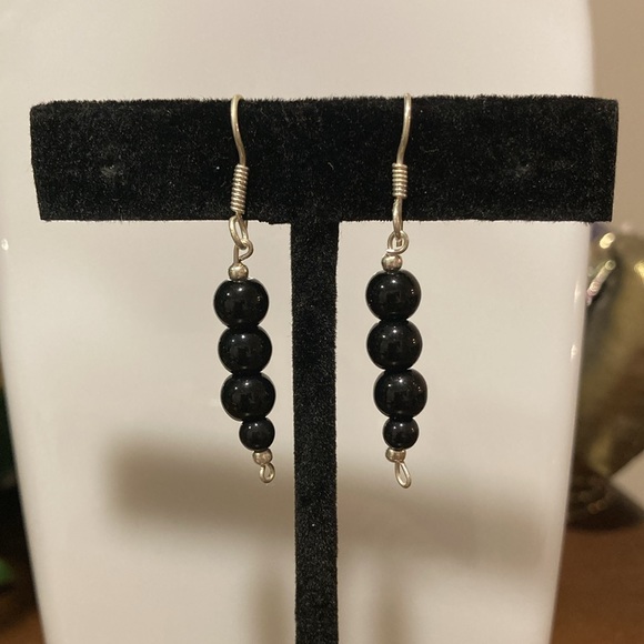 NWOT - Black Onyx Triple Ball Beaded Long Drop Style Mexican Silver Earrings - Picture 2 of 9